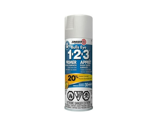 Apprêt intérieur/extérieur Zinsser Bulls Eye 1-2-3 pour toutes surfaces, peinture en spray, 369g - 369 g