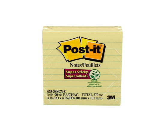 Feuillets super collants Post-it® 675-3SSCY-C, Jaune - 4 in x 4 in