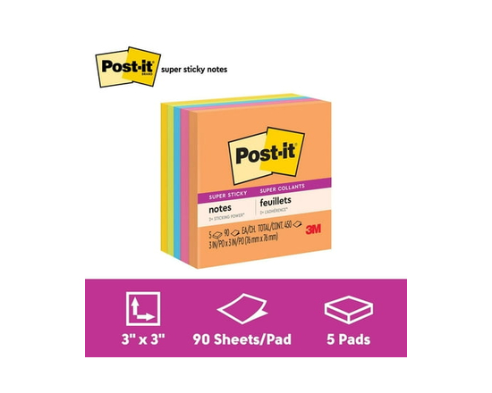 Feuillets super collants 654-5SSUC-C Post-it®, collection Rio de Janeiro - 3 in x 3 in