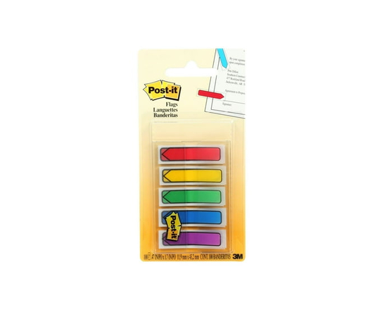 Post-it® Arrow Flags, assorted primary colours, 1/2 in x 1.7 in (1.3 cm x 4.3 cm) - as shown