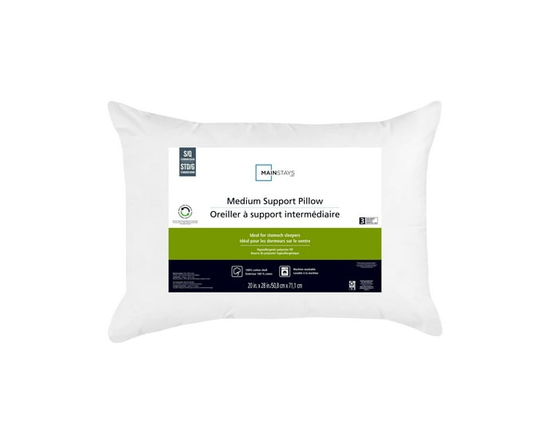 Mainstays Medium Support Bed Pillow, King- Cotton Cover, Stomach Sleeper - Standard/Queen