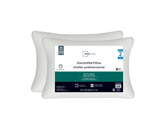Mainstays Overstuffed Extra Firm Support Bed Pillow S/Q- 2 Count