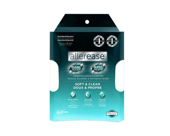 AllerEase CleanBoost Soft & Clean Bed Pillow Cover Protector Queen - Zippered, Allergy Defense