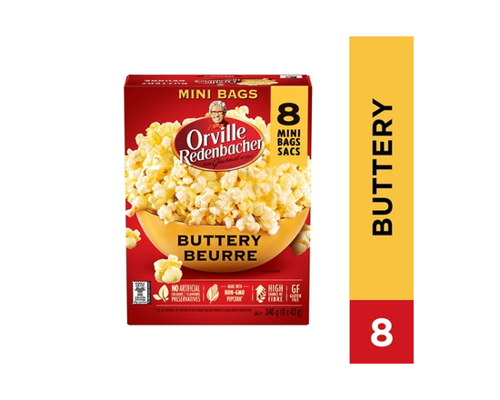 Orville Redenbacher Buttery Microwave Popcorn, 100% Whole Grain Popcorn, Gluten Free, 340 g (8 mini bags x 43 g) - 43 g