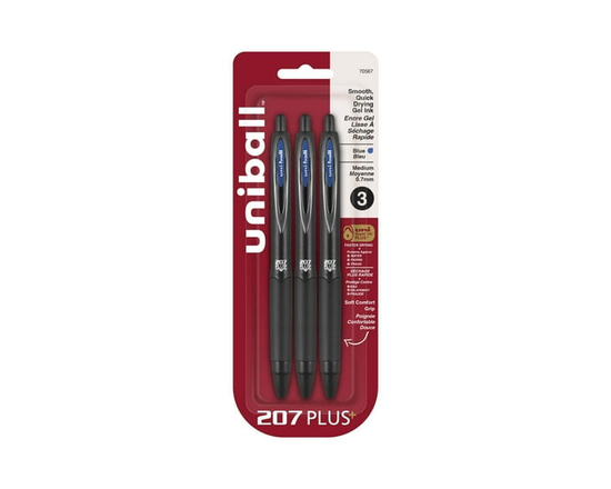 Stylos gel rétractables uniball™ 207 Plus+, pointe moyenne (0,7 mm), bleu, lot de 3