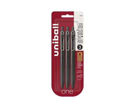 uniball™ one Retractable Gel Pens, Medium Point (0.7mm), Black Barrels, Black Ink, 3 Pack