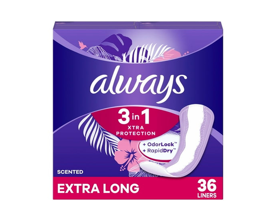 Always Xtra Protection 3-in-1 Daily Liners for Women, Extra Long Length, Scented 36 count - Extra Long