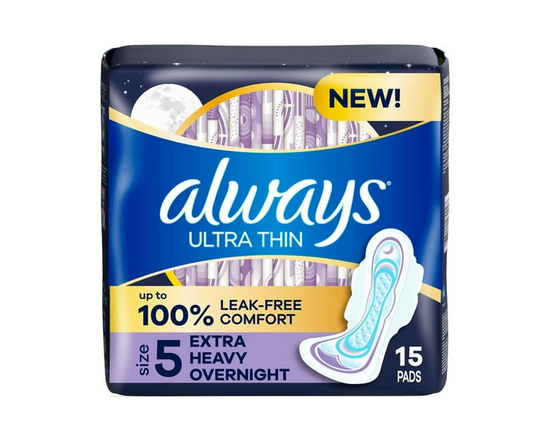 Always Serviettes Hygiéniques Ultra Minces avec Ailes pour Femmes, Taille 5, Absorption de Nuit Très Abondante, Non Parfumées46 Unités - 15ct