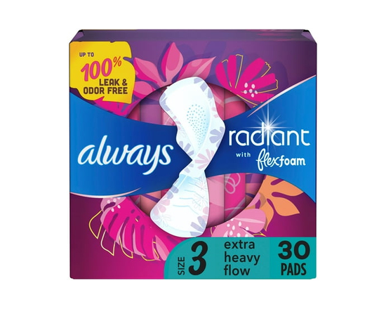 Serviettes Always Radiant FlexFoam, très abondant, avec ailes, pour femmes, taille 3, parfumées, 30 serviettes - 30 Unité
