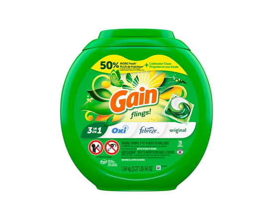 Gain Flings Laundry Detergent Pacs, Original Scent, with Odour Defense, concentrated laundry soap pacs, 76 Count