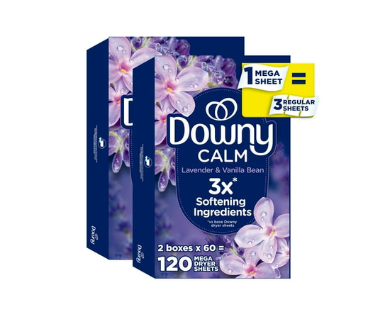 Downy CALM, Mega Dryer Sheets, Laundry Fabric Softener, Lavender and Vanilla Bean 120CT