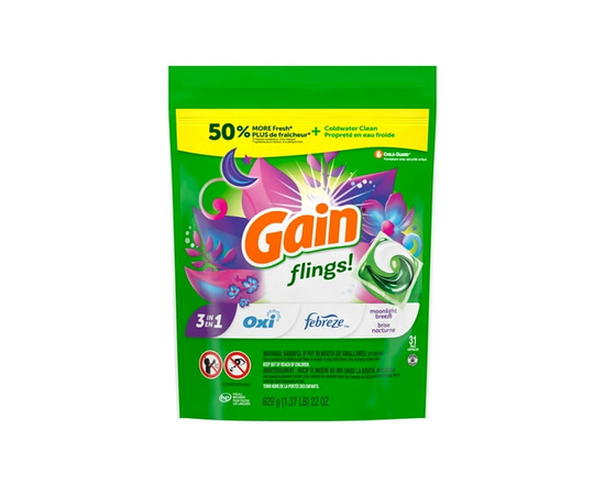 Gain Flings Laundry Detergent Pacs, Moonlight Breeze Scent, with Odour Defense, concentrated laundry soap pacs, 31 Count
