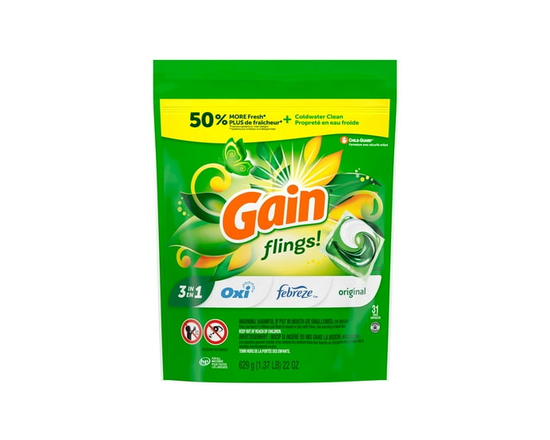 Gain Flings Capsules de Détergent à Lessive, Parfum Original, avec Protection contre les Odeurs, Capsules de Savon à Lessive Concentrées, 31 Unités -