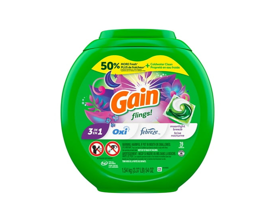 Gain Flings Laundry Detergent Pacs, Moonlight Breeze Scent, with Odour Defense, concentrated laundry soap pacs, 76 Count