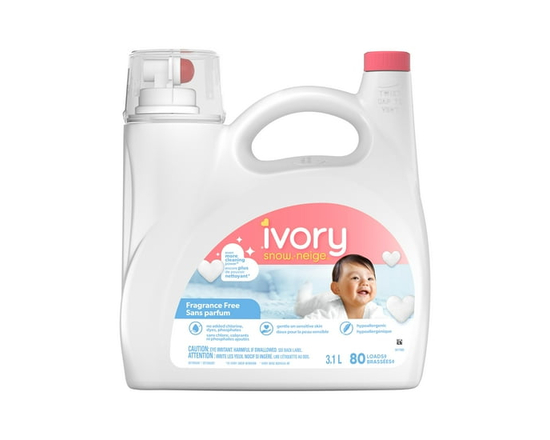 Ivory Snow Baby Unscented Liquid Laundry Detergent, Fragrance Free Hypoallergenic Detergent, 3.1 Litres, 80 Wash Loads - 3 L