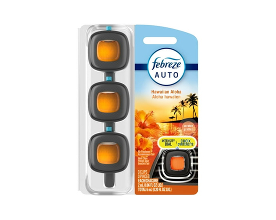 Assainisseur d’air pour voiture sous forme de pince pour bouche d’air Febreze AUTO, parfum Aloha hawaïen, pince pour bouche d’air de voiture de 2mL3