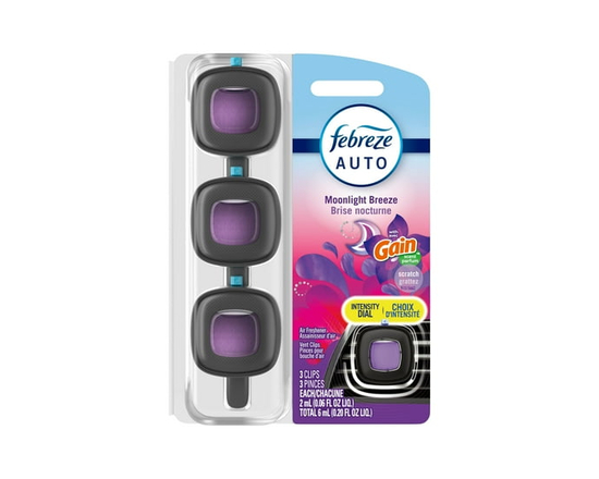 Assainisseur d’air pour voiture Febreze AUTO, pince pour bouche d’air automobile qui combat les odeurs, parfum Gain Brise nocturne, 3unités