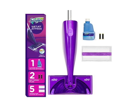 Swiffer WetJet Hardwood and Floor Spray Mop, All-In-One Mopping Cleaner Starter Kit, Includes: 1 WetJet, 5 Pads, Cleaning Solution & Batteries