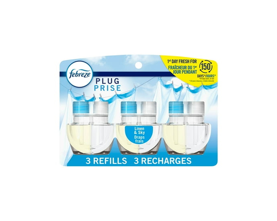 Febreze Assainisseur d'Air à Brancher, Recharge d'Huile Parfumée Anti-Odeurs, Parfum Draps Frais, 3 Recharges