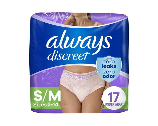 Always Discreet Adult Incontinence Underwear for Women and Postpartum Underwear, S/M, Up to 100% Bladder Leak Protection - S/M