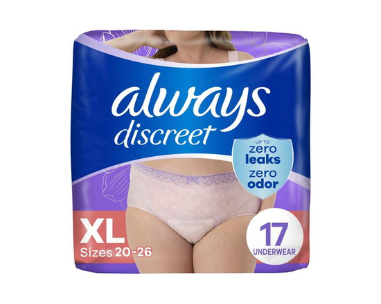 Always Discreet Adult Incontinence Underwear for Women and Postpartum Underwear, XL, Up to 100% Bladder Leak Protection - XL