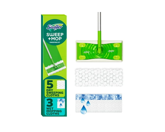 Swiffer Sweep and Mop 2-in-1 Dry + Wet Floor Mopping and Sweeping Kit (1 Sweeper, 5 Heavy Duty Dry Cloths, 3 Heavy Duty Wet Cloths)