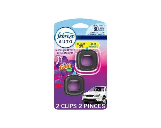 Febreze Car Air Freshener, Odor-Fighting Automotive Vent Clip, Gain Moonlight Breeze Scent, 2ct