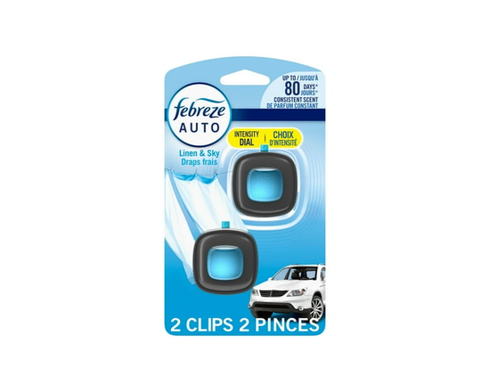 Febreze Car Air Freshener, Odor-Fighting Automotive Vent Clip, Linen & Sky Scent, 2ct