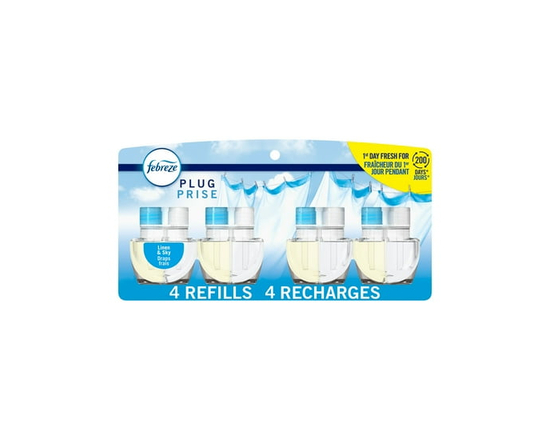 Febreze Plug In Air Freshener, Odor-Fighting Scented Oil Refill, Linen & Sky Scent, 4 Refills