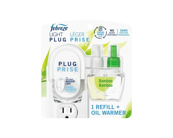 Febreze Plug In Air Freshener, Odor-Fighting Scented Oil Starter Kit, Light Bamboo, 1 Warmer + 1 Refill