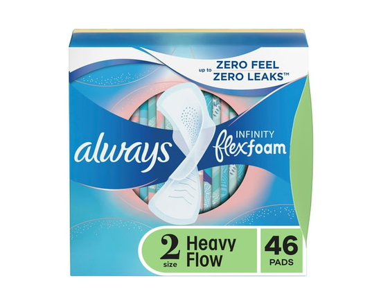 Always Infinity FlexFoam Pads for Women, Size 2, Heavy Pad with Wings, Unscented, 46 Count - 46 Count