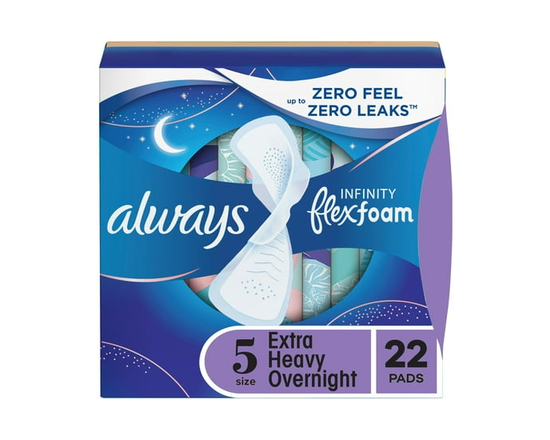 Always Infinity FlexFoam Pads for Women, Size 5, Extra Heavy Overnight Pad with Wings, Unscented, 30 Count - 22 Count