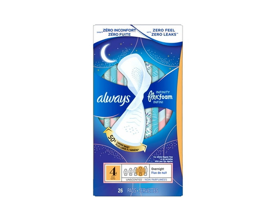 Always Infinity FlexFoam Pads for Women, Size 4, Overnight Pad with Wings, Unscented, 26 Count - 26 Count