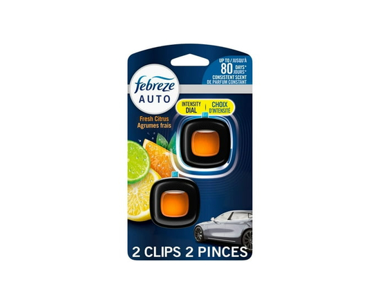 Assainisseur d’air Febreze AUTO, pince pour bouche d’air pour automobile qui combat les odeurs, parfum Agrumes frais, 2unités