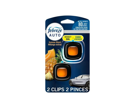 Assainisseur d’air Febreze AUTO, pince pour bouche d’air automobile qui combat les odeurs, parfum Mélange estival, 2unités