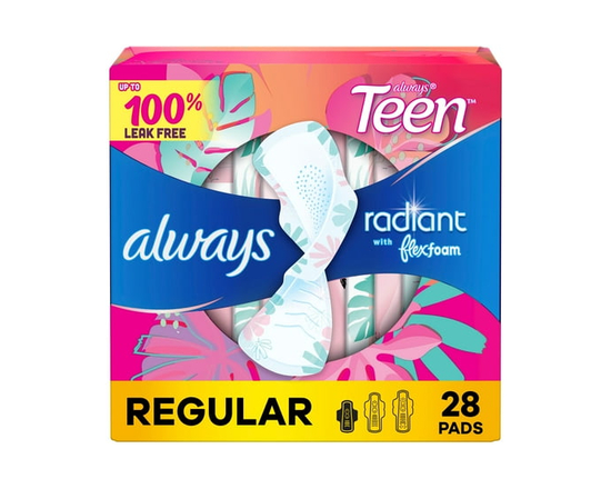 Always Radiant Teen Pads, Size 1, Regular, with Wings, Unscented - 28ct