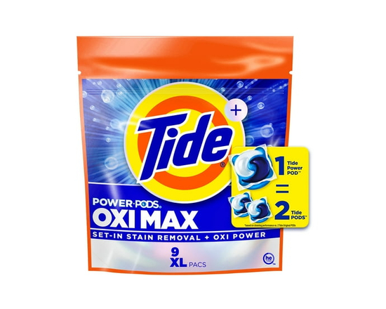 Tide Oxi Max Power Capsules de Lessive, Détachantes et Enrichies en Oxi Power, Compatibles avec les Machines à Laver, Lot de 9.