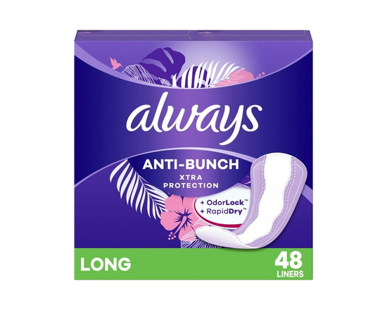 Always Anti-Tassement Xtra Protection Protège-Dessous Quotidiens, Longs, Non Parfumés136 Unités - 48ct