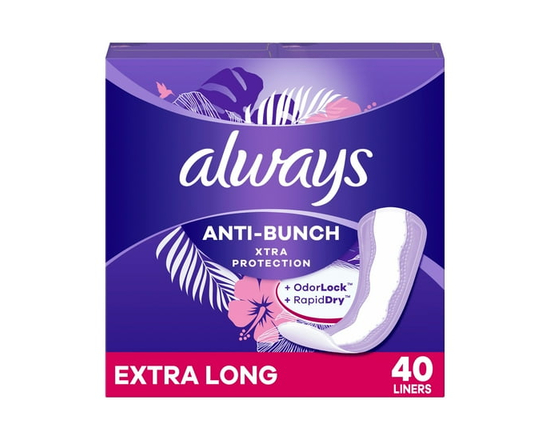 Always Daily Panty Liners, Anti-Bunch Xtra Protection, Extra Long Length, Unscented, 116 Count - 40ct