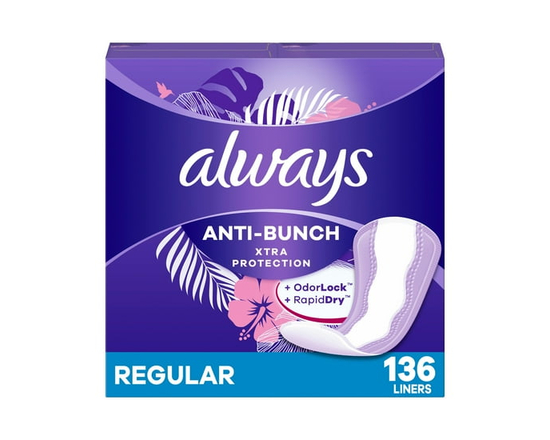 Always Anti-Bunch Xtra Protection Daily Liners, Regular Length, Unscented - 136ct