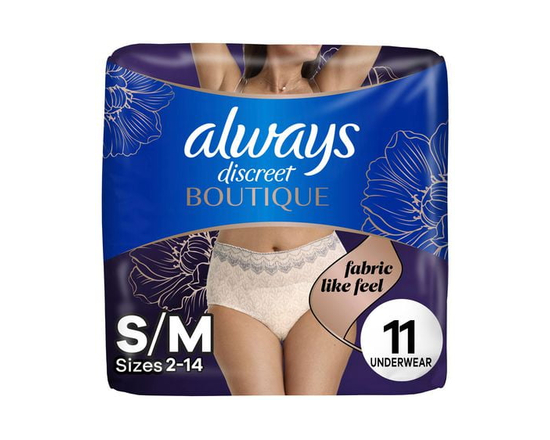Culottes d’incontinence et de post-partum Always Discreet Boutique, protection maximale, pour femmes, taille P/M, couleur rosée, 11;culottes - P/M