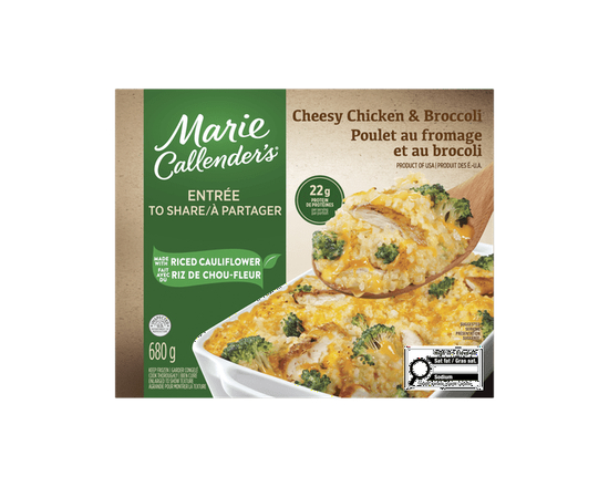 Marie Callender's Cheesy Chicken & Broccoli Frozen Dinner, Made with riced cauliflower, grilled chicken breast with broccoli florets in cheese sauce -