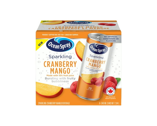 Ocean Spray Sparkling Cranberry Mango 6PK. Bursting with Fruity Bubbles. No Artificial Flavours or Preservatives. Contains No Allergens. Manufactured