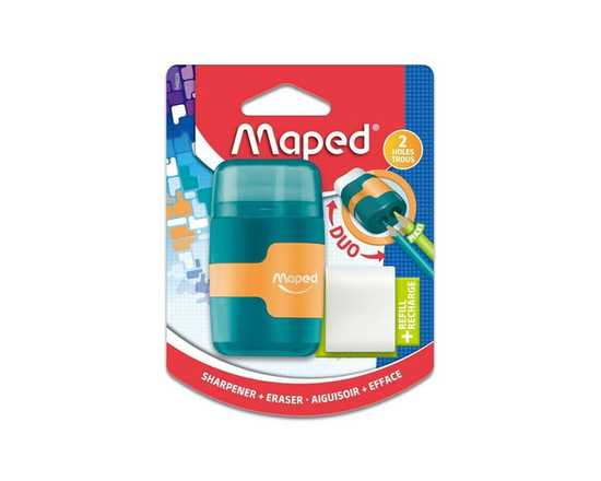 Maped - Connect 2 in 1 Sharpener 2 Holes with metal blades / Eraser with One eraser Refill - Manual sharpener with an integrated Eraser that comes wit