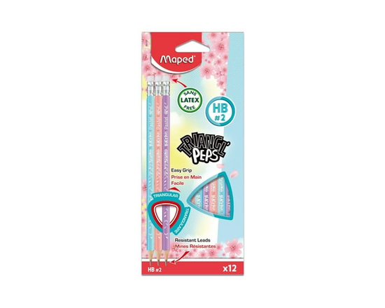 Maped - Triangl'Peps - Graphite Pencils with Eraser End - Decorated HB pencils with pastel colors - box of12 units