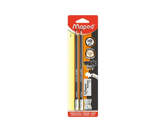 Maped Jumbo Graphite HB Pencils x2 with 1 Sharpener and 1 Eraser - 4 pieces Set
