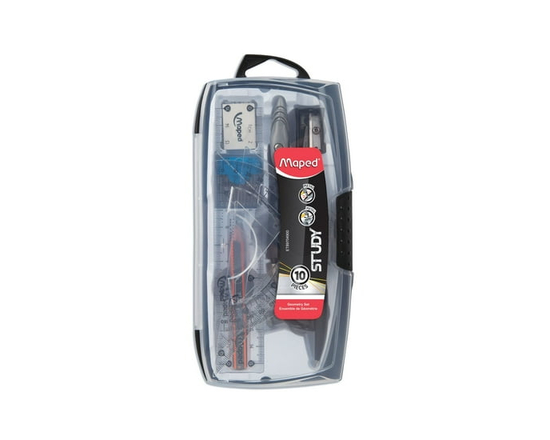 Maped Set de geometrie Study - set de 10 pieces - 2 Compas metal, regle, rapporteur, 2 equerres, aiguisoir metal, mini crayons HB, boite de 10 mines.
