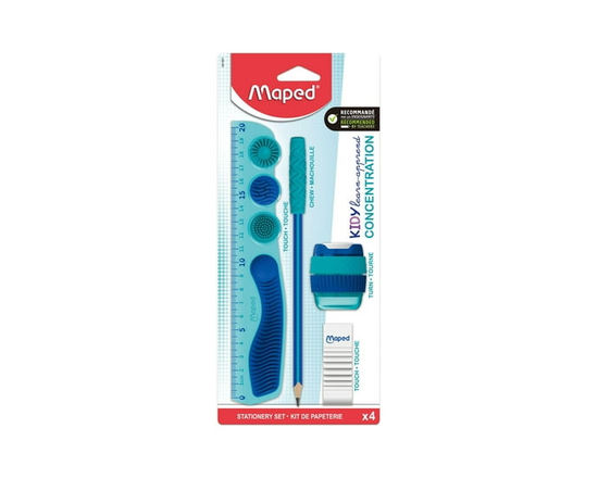Maped Multi-product Concentration kit - Ruler / Pencil / Sharpener / Eraser - The ideal kit to stay focus ! Ruler with romevable touch zones, relaxing