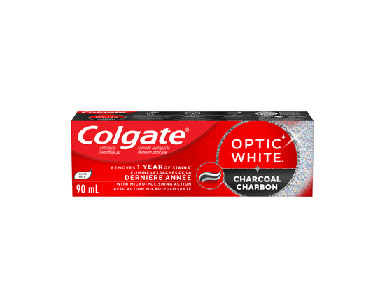 Colgate Optic White with Charcoal Toothpaste for Stain Removal, Anticavity Toothpaste with Fluoride, Cool Mint Flavour,   - 90 mL
