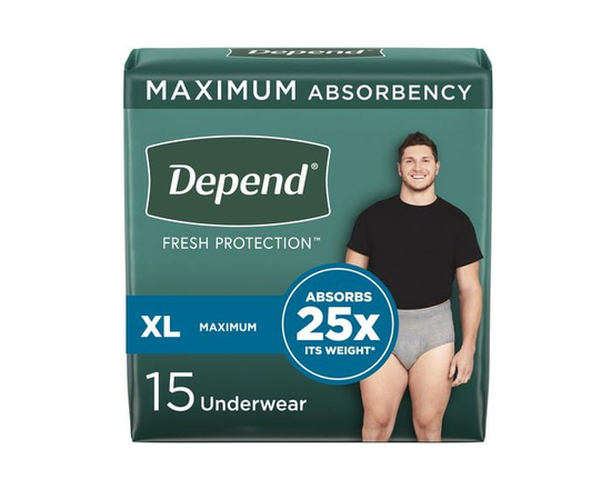 Depend Fresh Protection Incontinence Underwear for Men, Maximum, S/M - XL, Grey - XL